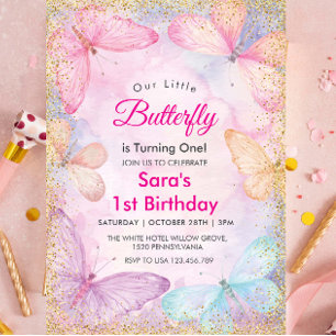Elegant First 1st Birthday Colourful Butterfly Invitation