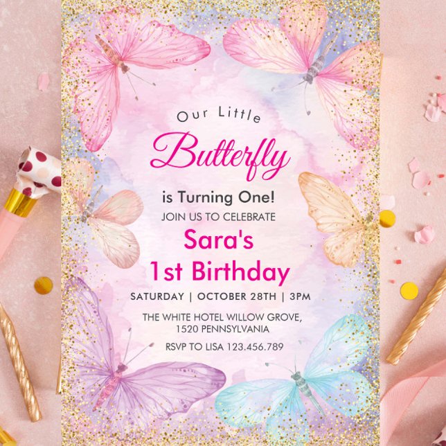 Elegant First 1st Birthday Colourful Butterfly  Invitation (Creator Uploaded)