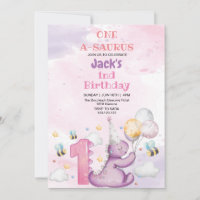 Elegant First 1st Birthday Purple Dinosaur and bee