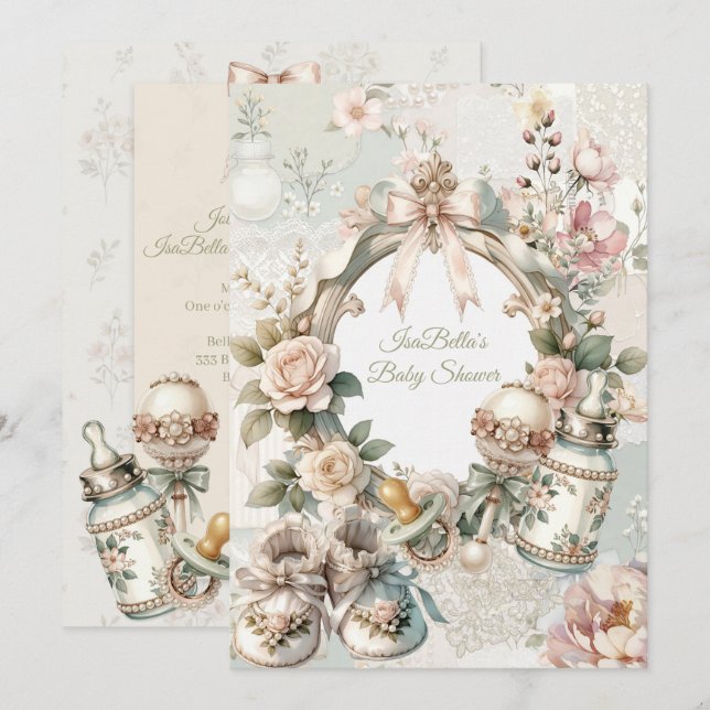 Elegant First Bloom Baby Shower Invitation with Fl (Front/Back)
