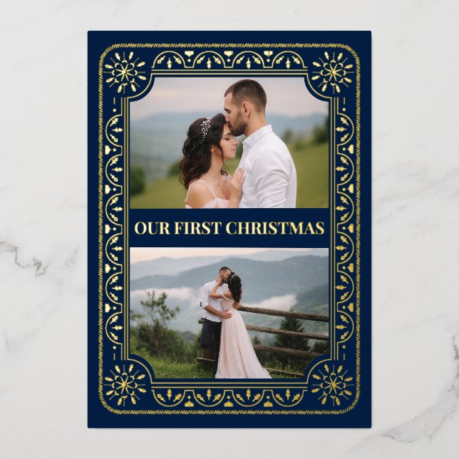 Elegant First Christmas 2 Photo Gold Custom Foil Holiday Card (Front)