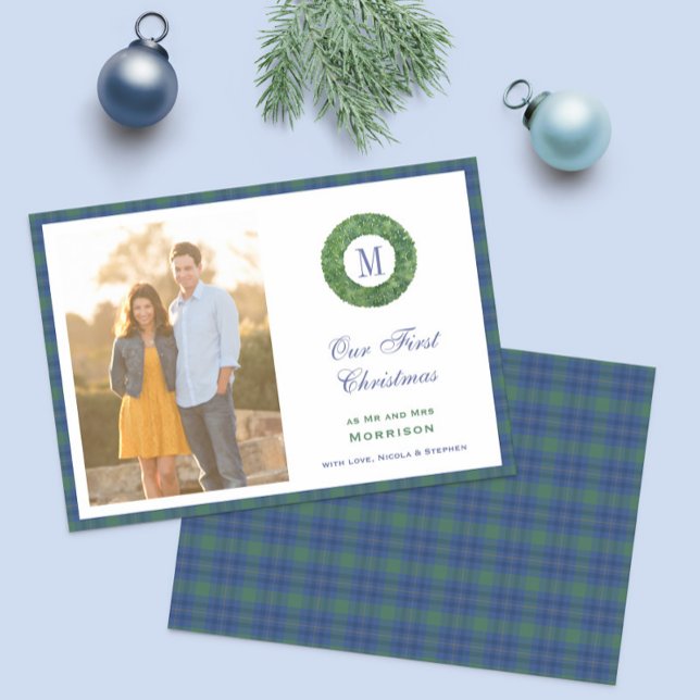 Elegant First Christmas As Mr And Mrs Monogram Holiday Card (Preppy Our First Christmas Monogram Wreath photo Holidays Cards with tartan backer)
