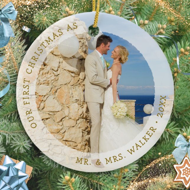 Elegant First Christmas as Mr and Mrs Photo Ceramic Tree Decoration (Creator Uploaded)