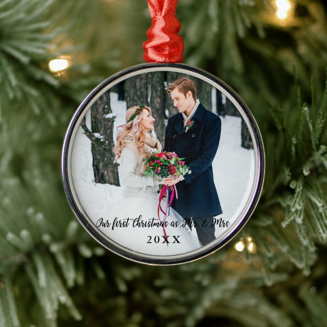 Elegant First Christmas as Mr. and Mrs. Round Metal Tree Decoration (Tree)