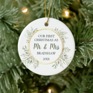 Elegant First Christmas As Mr & Mrs Ceramic Tree Decoration