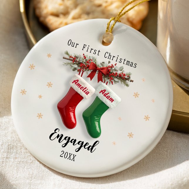 Elegant first Christmas engaged stockings Ceramic Tree Decoration (Creator Uploaded)
