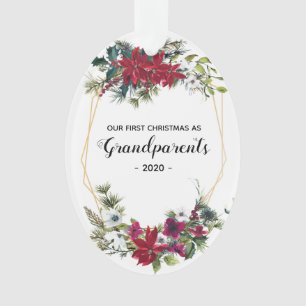 Elegant First Christmas Grandparents Photo Floral Ornament