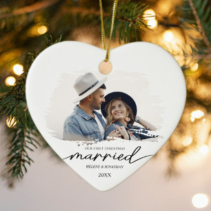 Elegant First Christmas Married Couple Photo Ceramic Tree Decoration