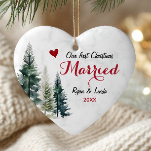 Elegant first Christmas Married heart shaped Ceramic Tree Decoration