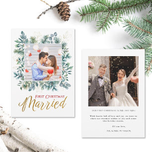Elegant First Christmas Married Newlyweds 2 Photos Holiday Card
