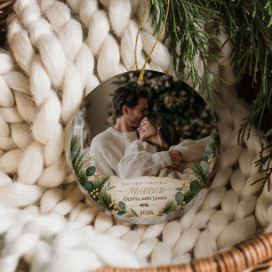 Elegant First Christmas Married Photo Ceramic Tree Decoration