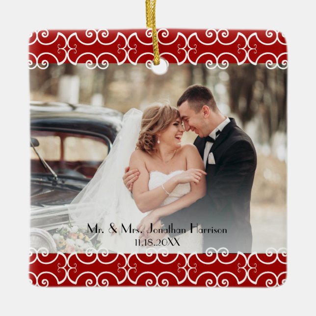 Elegant First Christmas Married Red Photo Wedding Ceramic Ornament (Front)