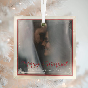 Elegant First Christmas Merry and Married Photo Glass Tree Decoration