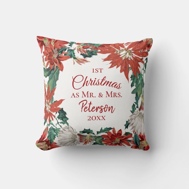 Elegant First Christmas Mr Mrs Floral Wreath Cushion (Front)