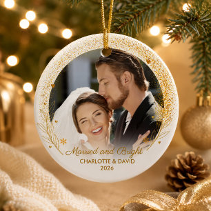 Elegant First Christmas Photo Newlywed Couple Gold Ceramic Tree Decoration