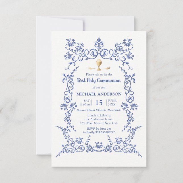 Elegant First Communion gold calice victorian blue Invitation (Front)