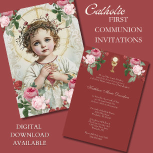 Elegant First Communion Pink Red Floral Jesus  Invitation