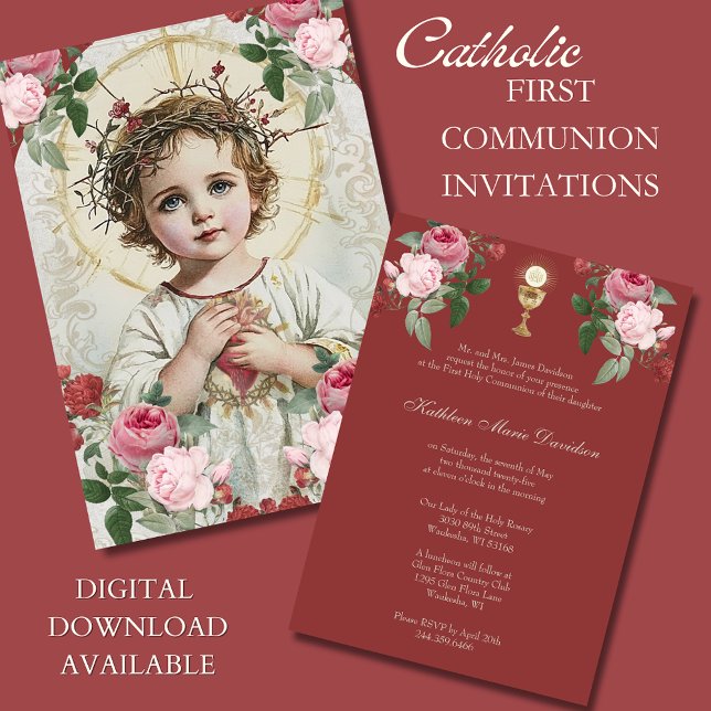 Elegant First Communion Pink Red Floral Jesus  Invitation (Creator Uploaded)