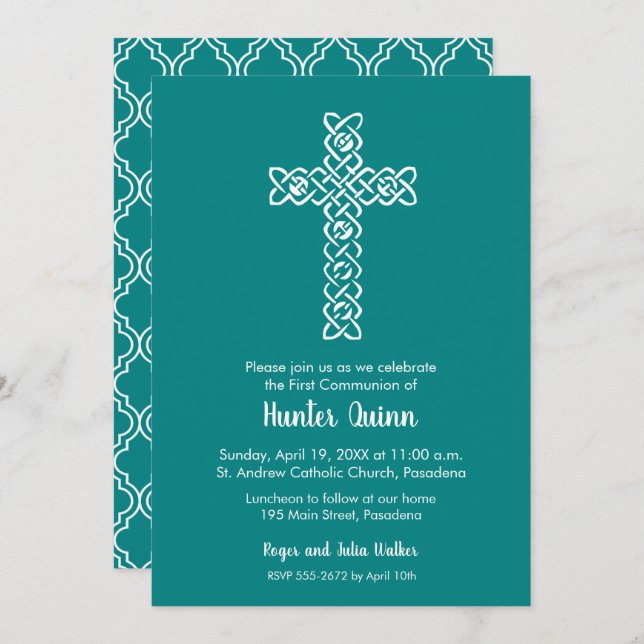 Elegant First Communion Teal Invitations (Front/Back)