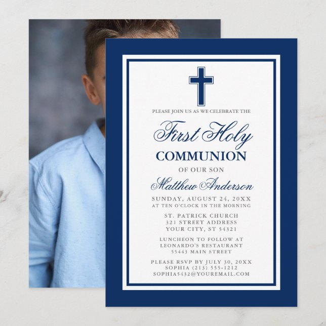 Elegant First Holy Communion Blue Silver Photo Invitation (Front/Back)