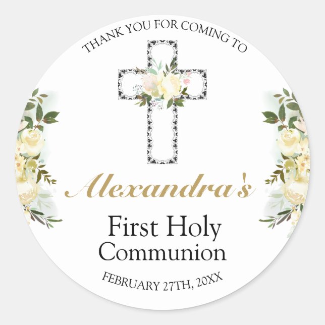 Elegant First Holy Communion Floral Cross Classic Round Sticker (Front)
