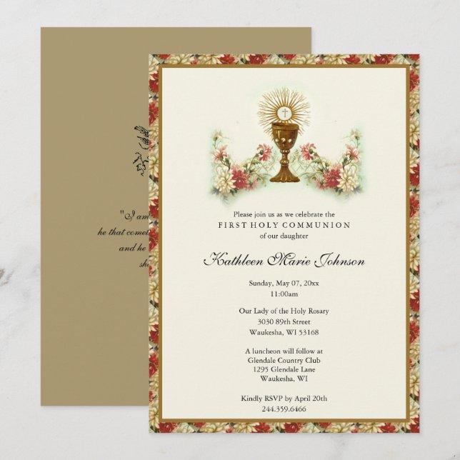 Elegant First Holy Communion Floral  Invitation (Front/Back)