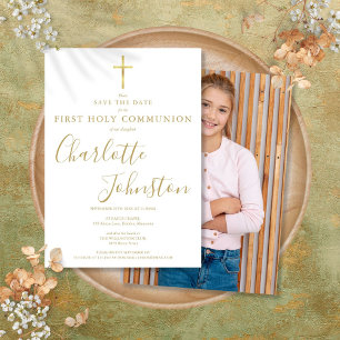 Elegant First Holy Communion Gold Signature Photo Save The Date
