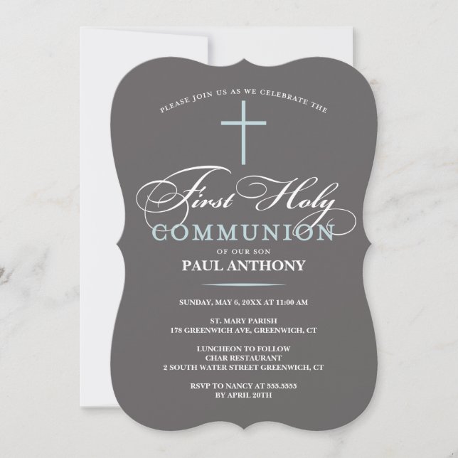 Elegant First Holy Communion Invitation Blue (Front)