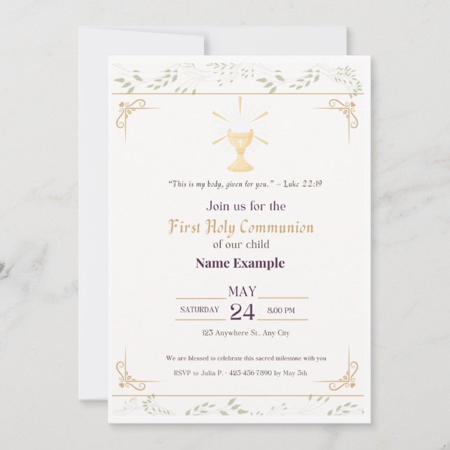 Elegant First Holy Communion Invitation | Gold (Front)
