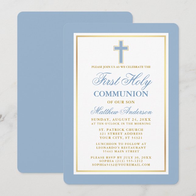 Elegant First Holy Communion Light Blue Gold Invitation (Front/Back)