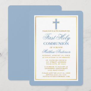 Elegant First Holy Communion Light Blue Gold Invitation
