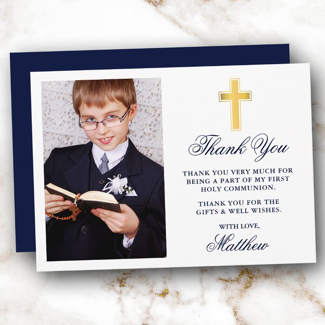 Elegant First Holy Communion Photo Blue Gold Thank You Card (Customize to change text size, color, style or to change color of back of card.)
