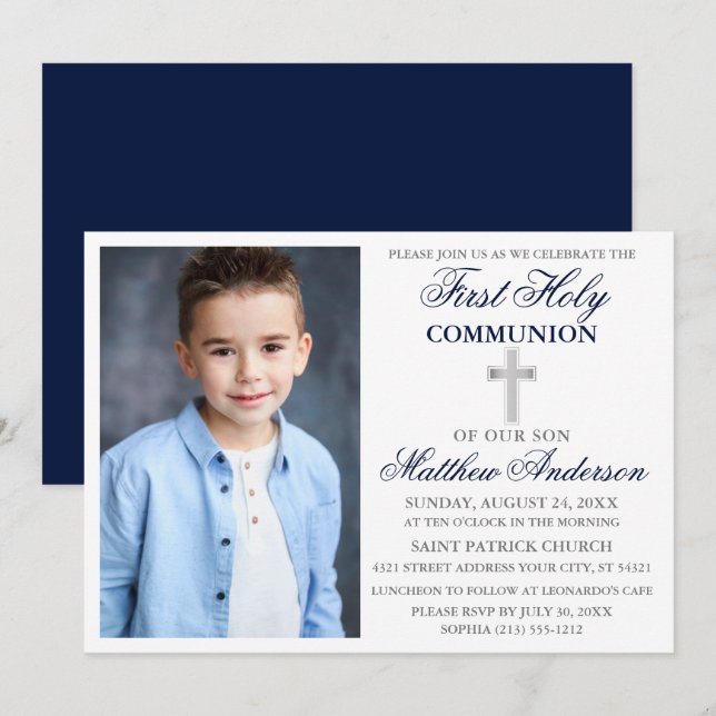 Elegant First Holy Communion Photo Blue Silver Invitation (Front/Back)