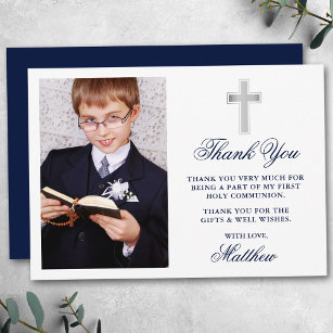Elegant First Holy Communion Photo Blue Thank You Card