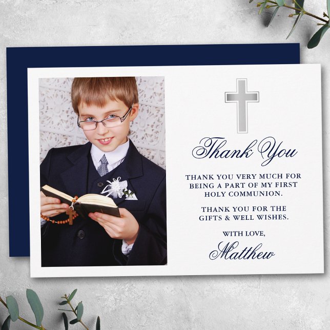 Elegant First Holy Communion Photo Blue Thank You Card (Customize to change text size, color, style or to change color of back of card. )