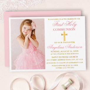 Elegant First Holy Communion Photo Pink Gold Invitation