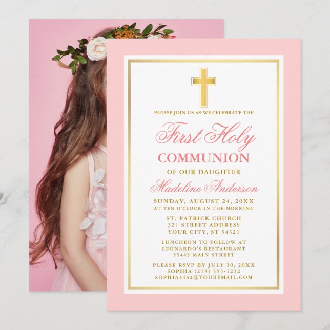 Elegant First Holy Communion Photo Pink Gold Invitation (Front/Back)