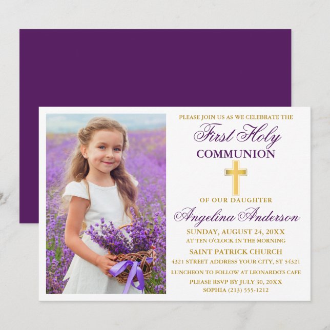 Elegant First Holy Communion Photo Purple Gold Invitation (Front/Back)
