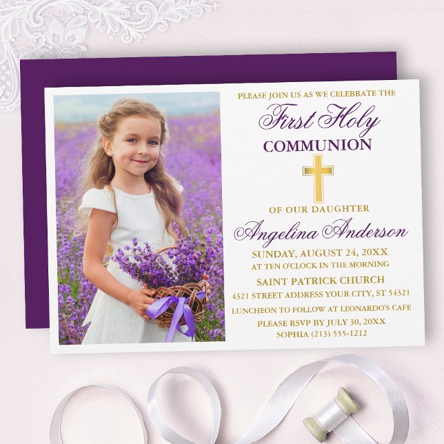 Elegant First Holy Communion Photo Purple Gold Invitation (Customize to change text color,  size, style or to change color of back of card.)