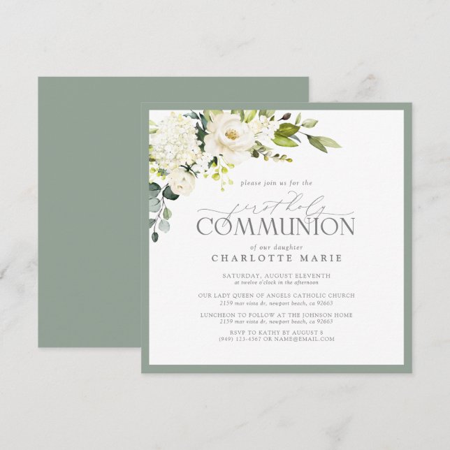 Elegant First Holy Communion Sage Green Floral  Invitation (Front/Back)