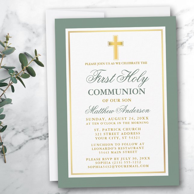 Elegant First Holy Communion Sage Green Gold Invitation (Customize to change text size, color or text style.)
