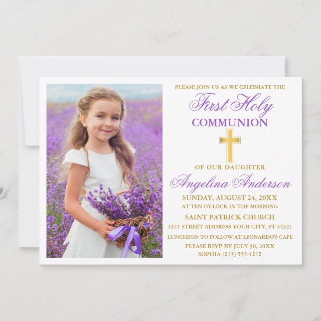 Elegant First Holy Communion Violet Gold Photo Invitation (Front)