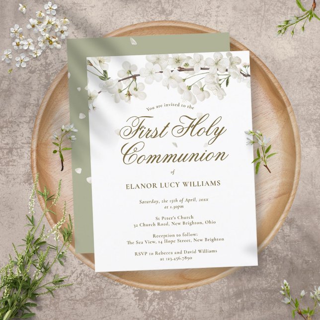Elegant First Holy Communion White Blossom Floral  Invitation Postcard (Creator Uploaded)
