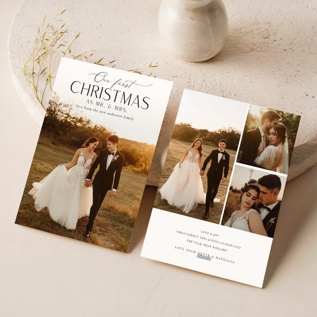 Elegant First Married Christmas 4 Photo Newlywed Holiday Card (Creator Uploaded)