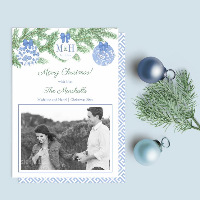 Elegant First Married Christmas Newlyweds Monogram Holiday Card (Merry and Married First Christmas as Mr and Mrs horizontal photo blue and white Holidays card)