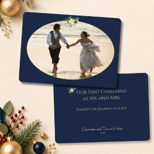 Elegant First Married Christmas Photo Navy & Gold Foil Holiday Card
