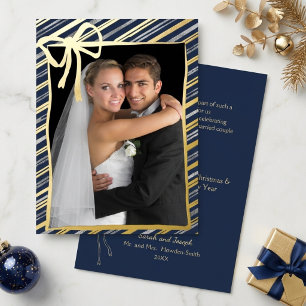 Elegant First Married Christmas Stripes & Bow Gold Foil Holiday Card