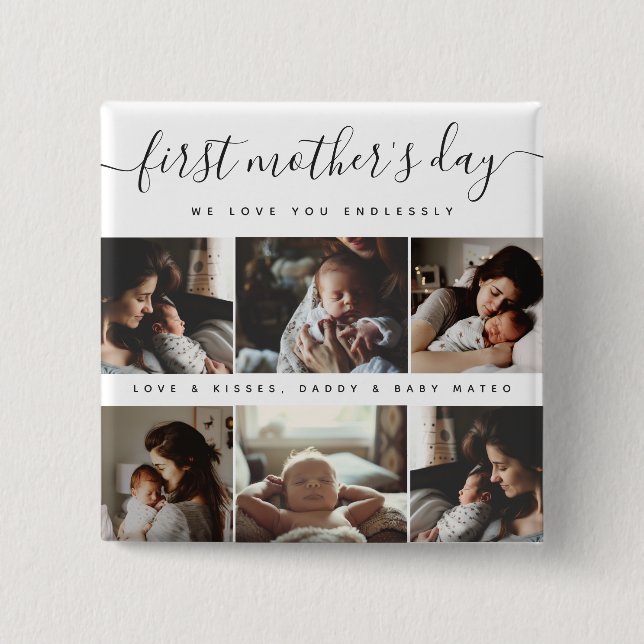 Elegant First Mother's Day Custom Photo Collage 15 Cm Square Badge (Front)