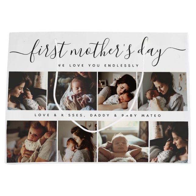 Elegant First Mother's Day Custom Photo Collage Large Gift Bag (Front)