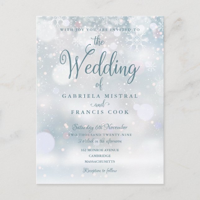 Elegant First Snowflakes Winter Wedding Invitation Postcard (Front)